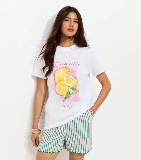 White Cotton Limoncello Print Relaxed T-Shirt