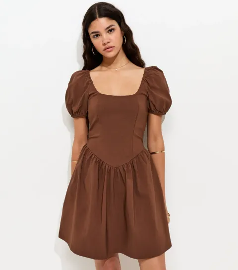 Dark Brown Puff Sleeve V Waist Mini Dress