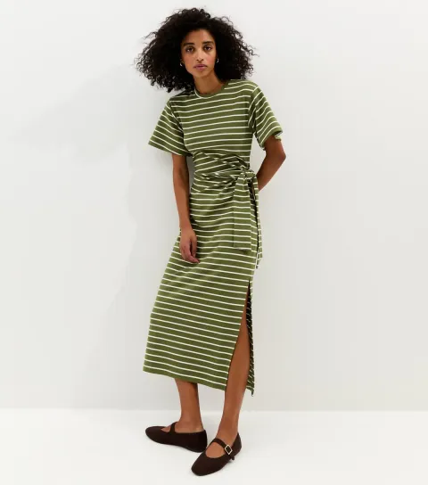 Green Stripe Tie Waist Midi Dress