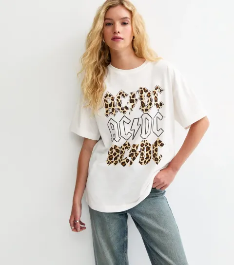 White ACDC Leopard Print Oversized T-Shirt