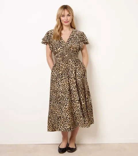 Brown Animal Print Midi Dress