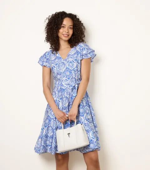 Bright Blue Tile Print Flutter Sleeve Mini Dress