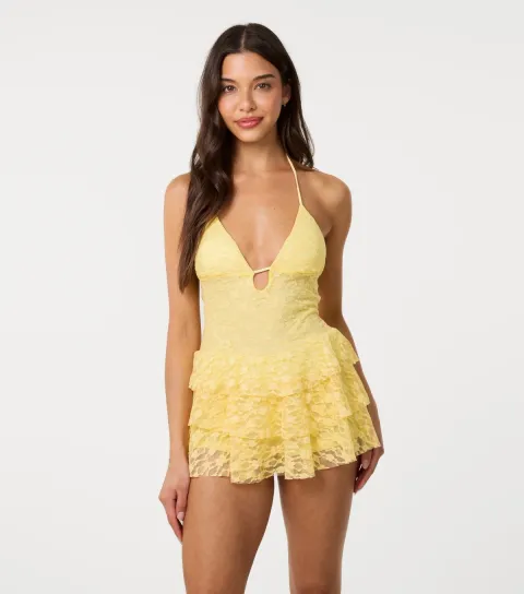 Light Yellow Lace Halter Neck Mini Dress