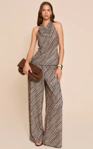 Brown Stripe Print Woven Floaty Wide Leg Trousers