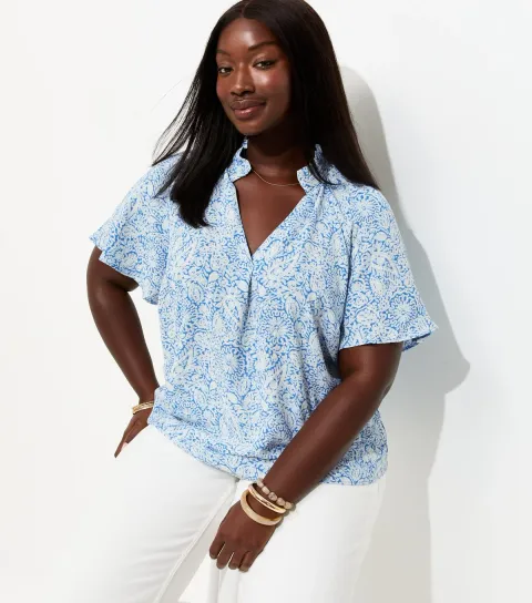 Plus Size Blue Paisley Print Flutter Sleeve Blouse Curves