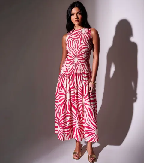 Dark Pink Sunburst Print Shirred Maxi Dress