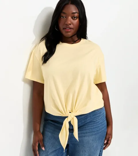 Plus Size Light Yellow Tie Front T-Shirt Curves