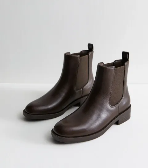 Dark Brown Faux Leather Chelsea Boots
