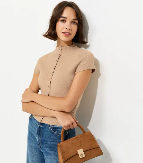 Oatmeal Short Sleeve Knitted Cardigan