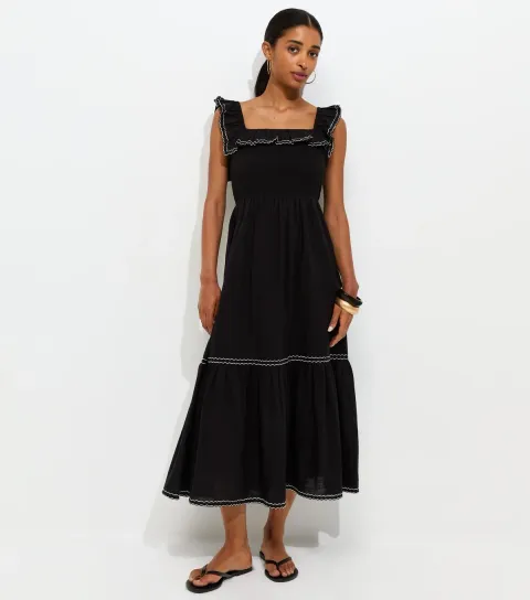 Black Cotton Embroidered Ruffle Trim Midi Dress