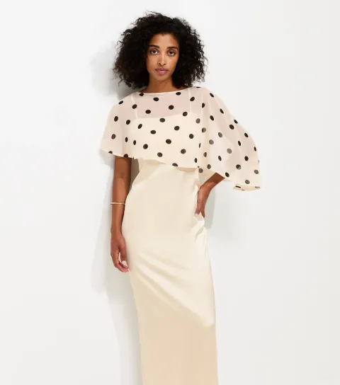 Cream Satin Spot Print Cape Midi Dress