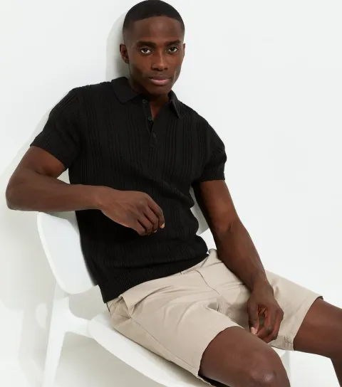 Black Regular Rib Knit Striped Polo Shirt
