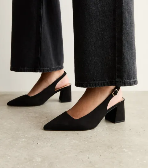 Wide Fit Black Faux Suede Block Heel Slingback Pumps Vegan
