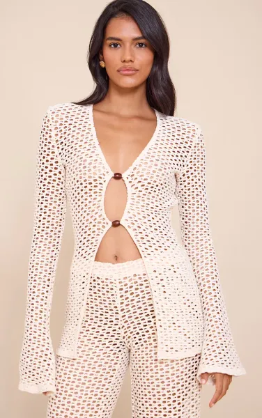 Stone Crochet Bead Detail Long Sleeve Beach Top