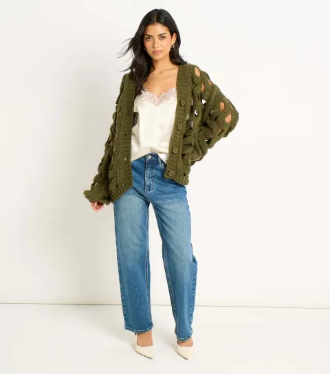 Light Khaki Hollow Chunky Knit Cardigan