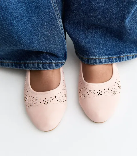 Wide Fit Pink Faux Leather Floral Cutout Ballet Pumps Vegan