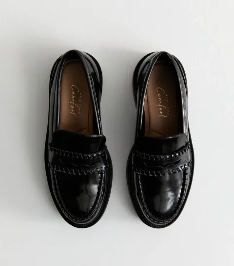 Wide Fit Black Patent Chunky Loafers
