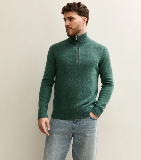 Dark Green Regular Brushed Half Zip Jumper