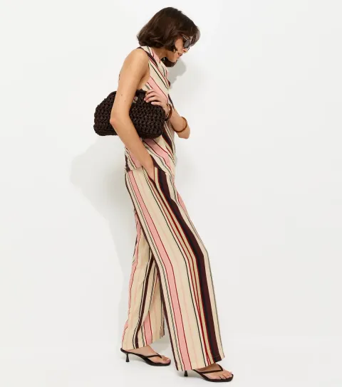 Cream Striped Drawstring Wide Leg Trousers