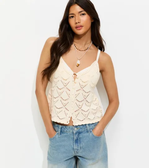 Cream Cotton Rich Crochet Button Up Cami Top
