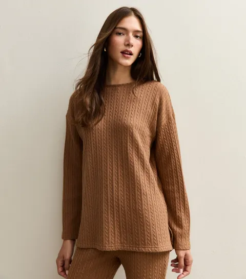 Tan Soft Touch Cable Knit Split Hem Top