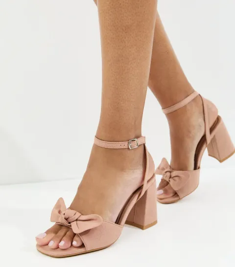 Light Pink Faux Suede Bow Block Heel Sandals Vegan