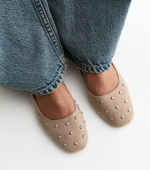 Light Brown Faux Suede Studded Ballet Pumps Vegan