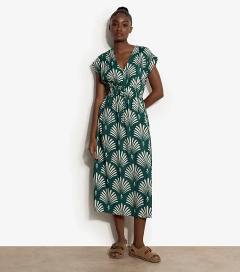 Green Palm Print V-Neck Midi Dress