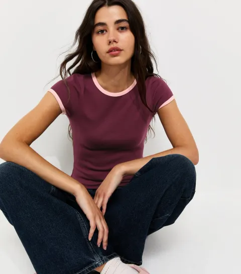 Dark Burgundy Cotton Rich Contrast Trim Ringer T-Shirt