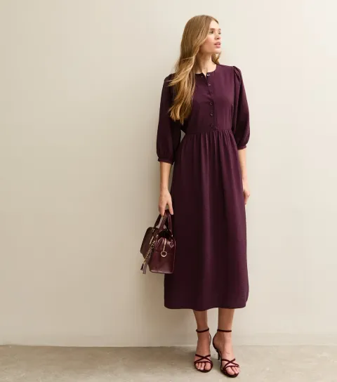 Dark Burgundy Buttoned Cropped Sleeve Midi Dress