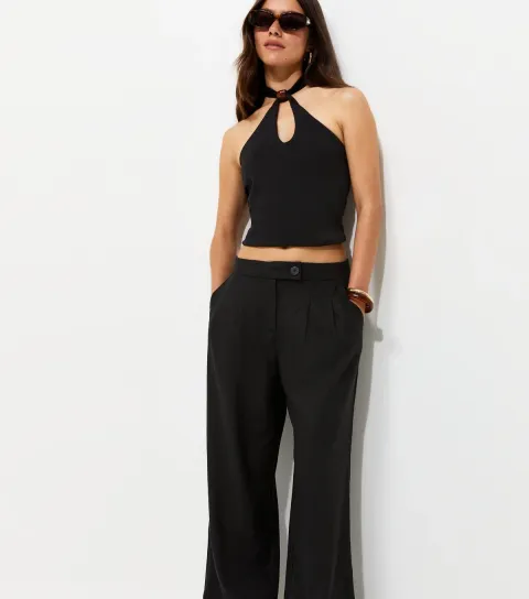Petite Black Linen Rich Tailored Trousers