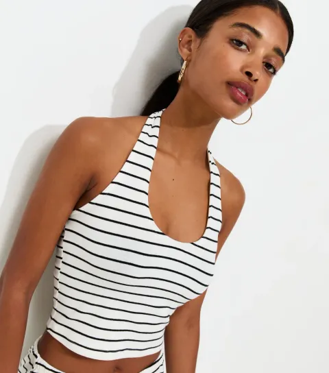 White Horizontal Stripe Jersey Halter Neck Vest Top