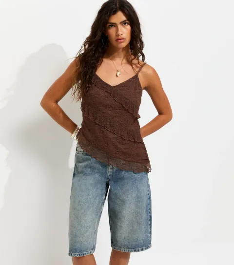 Dark Brown Jersey Ruffle Asymmetric Lace Cami Top