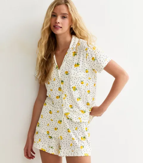 White Jersey Lemon Spot Print Pyjama Set