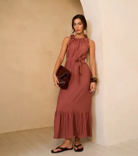 Rust Tie Shoulder Maxi Dress