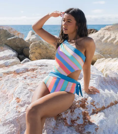 Multicolour Striped One Shoulder Tie Swimsuit