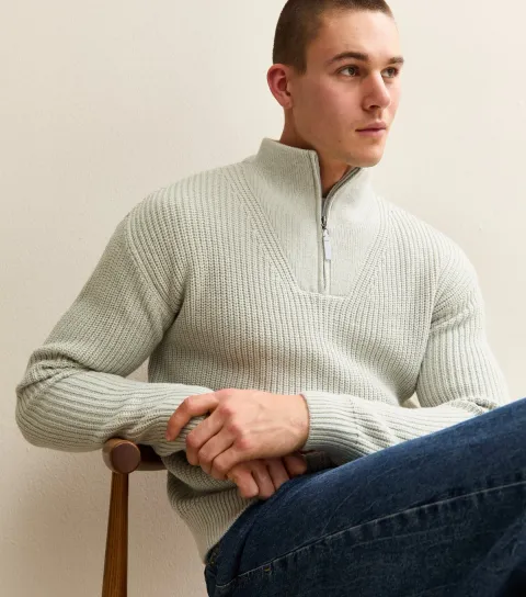 Grey Marl Regular Quarter Zip Funnel Neck Jumper