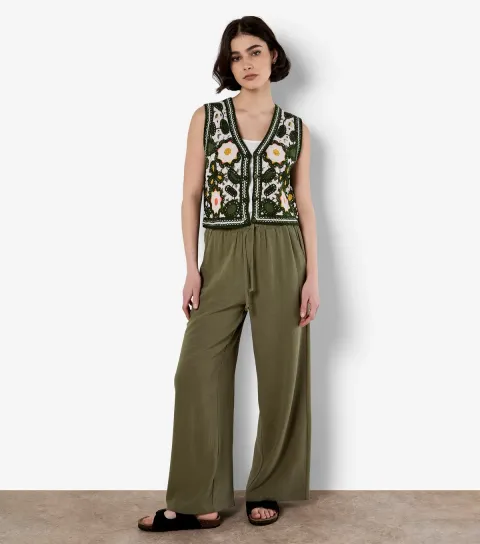 Khaki Drawstring Waist Wide Leg Trousers