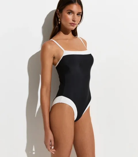 Black Contrast Trim Square Neck Swimsuit