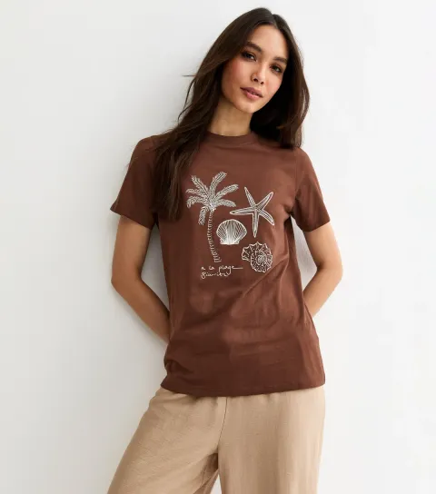 Dark Brown Palm Tree and Shell Print T-Shirt