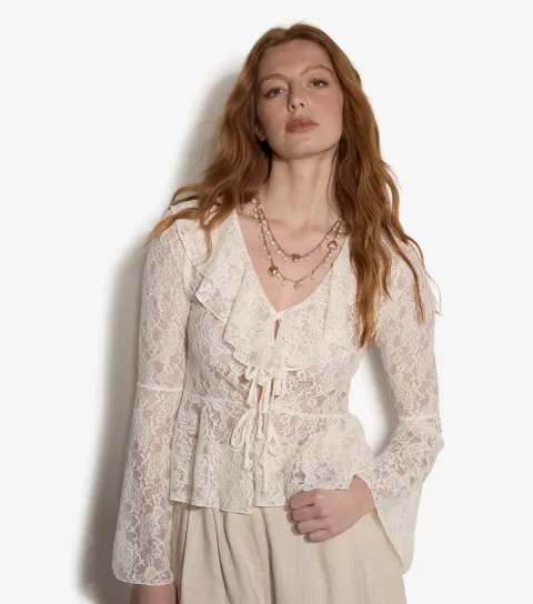 Cream Floral Lace Ruffle Cardigan