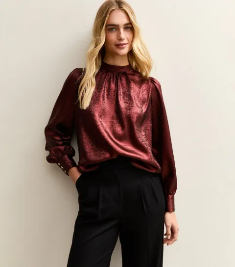 Dark Burgundy Metallic High Neck Blouse