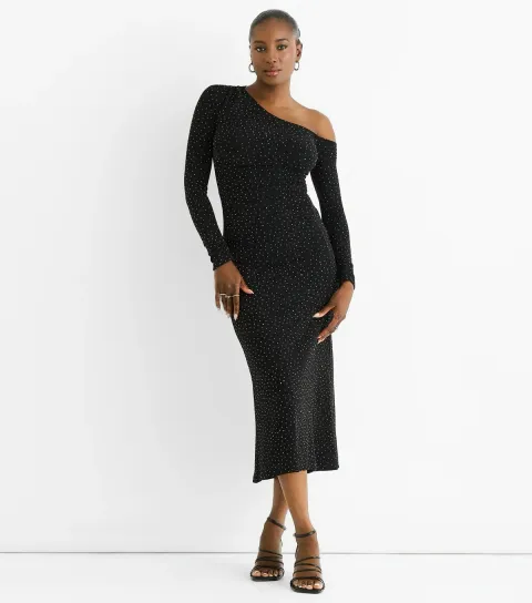 Black Shimmery Embellished Jersey Midi Dress