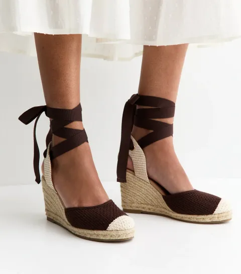 Brown Woven Ankle Tie Wedge Espadrilles Vegan