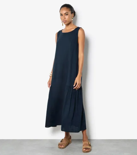 Navy Pleat Detail Trapeze Midi Dress