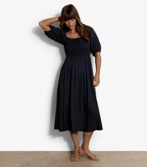 Navy With Linen Bardot Midi Dress
