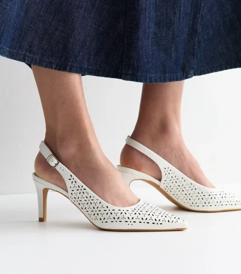 White Faux Leather Floral Cut Out Slingback Court Heels Vegan