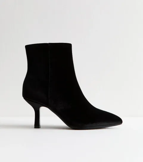 Black Velvet Pointed Toe Stiletto Ankle Boots Vegan