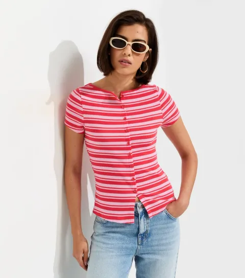 Pink Cotton Rich Striped Button Through Baby Tee T-Shirt
