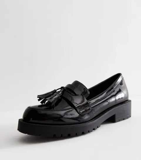 Black Patent Tassel Chunky Loafers Vegan